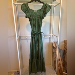 Doen Sonnet Dress Green Ruffle Sleeve Maxi Dress